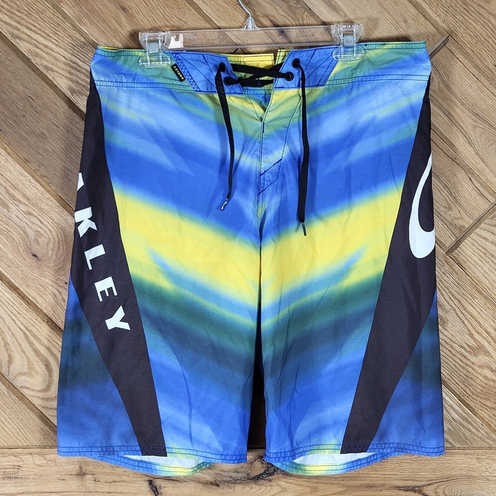 Oakley Board Shorts Mens 34 Tie Dye Logo Swim Trunks Blue Yellow